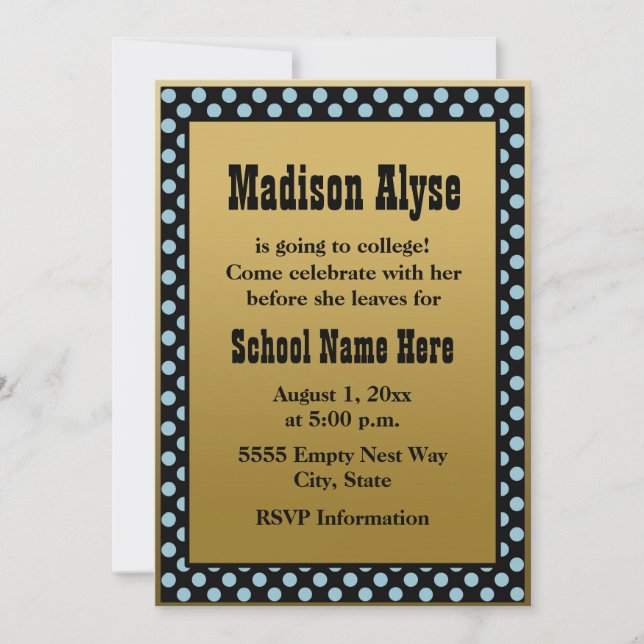 Noir bleu Polka point "Off To College" Invitation (Devant)