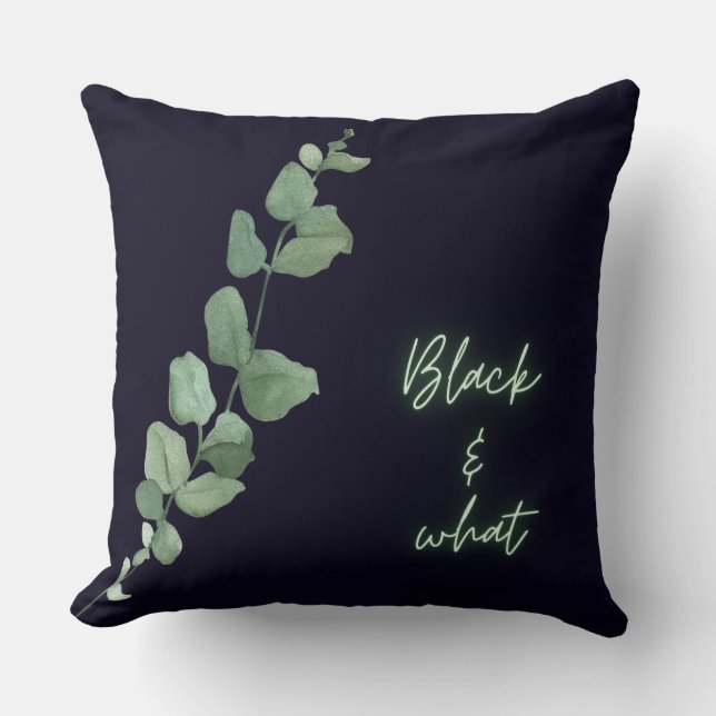 "Noir botanique : Feuilles verts sur Coussin noir" (Recto)