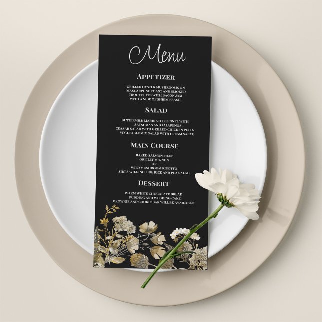 Noir brun fleur sauvage hiver Noir Menu Mariage (Ivory brown black wildflower winter Wedding Menu)