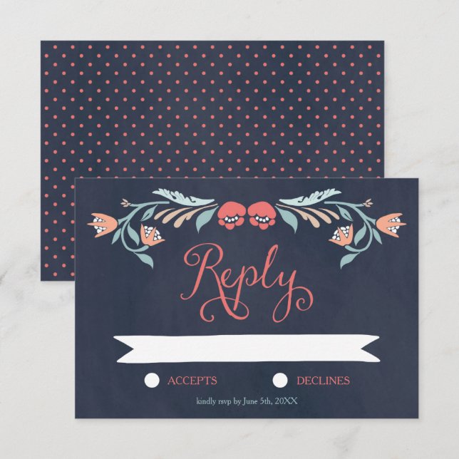 Noir Chalkboard élégant mariage floral RSVP (Devant / Derrière)