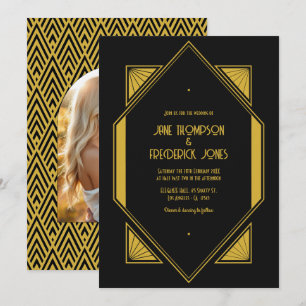 Noir & Champagne Gold Art Deco Wedding Photo Invitation