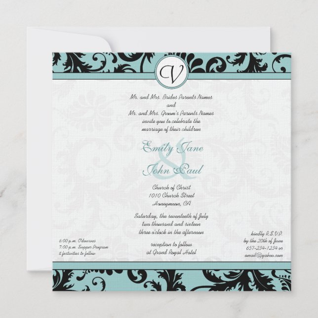 Noir Damas Aqua Faire-part de mariage bleu (Devant)