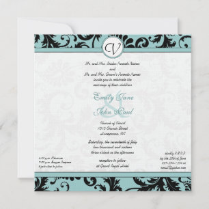 Noir Damas Aqua Faire-part de mariage bleu