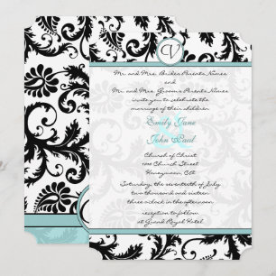 Noir Damas Aqua Faire-part de mariage bleu