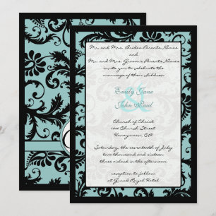 Noir Damas Aqua Faire-part de mariage bleu