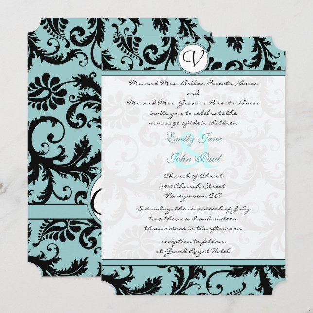 Noir Damas Aqua Faire-part de mariage bleu (Devant / Derrière)