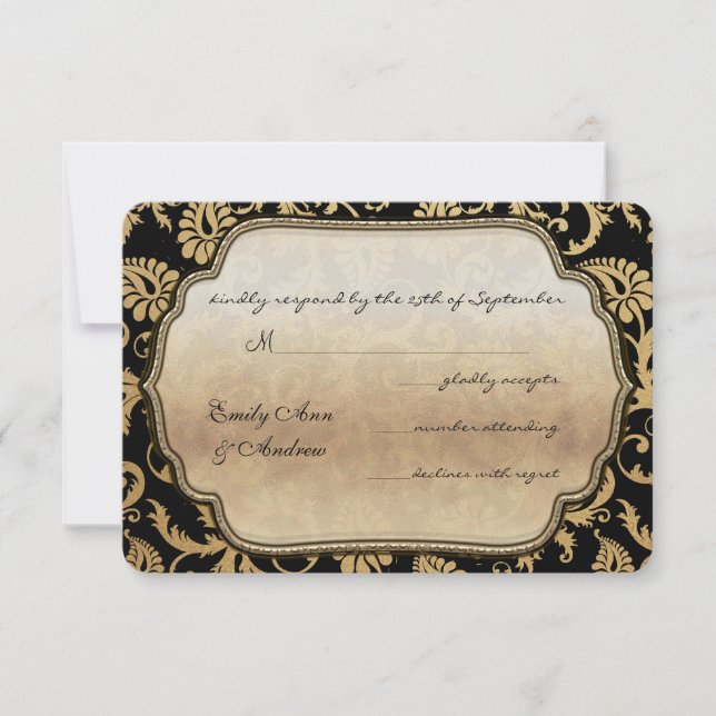 Noir Damask Éperles Mariage RSVP (Devant)