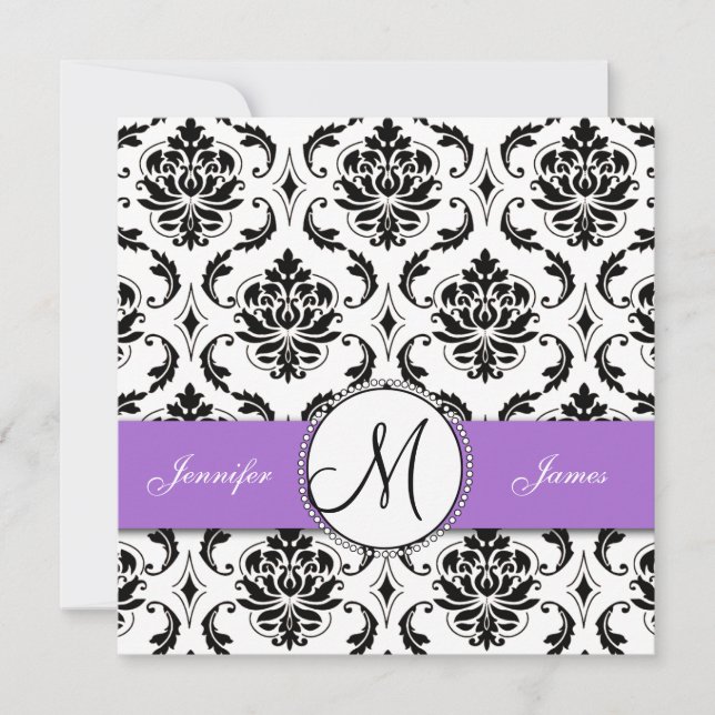 Noir Damask violet Faire-part de mariage (Devant)