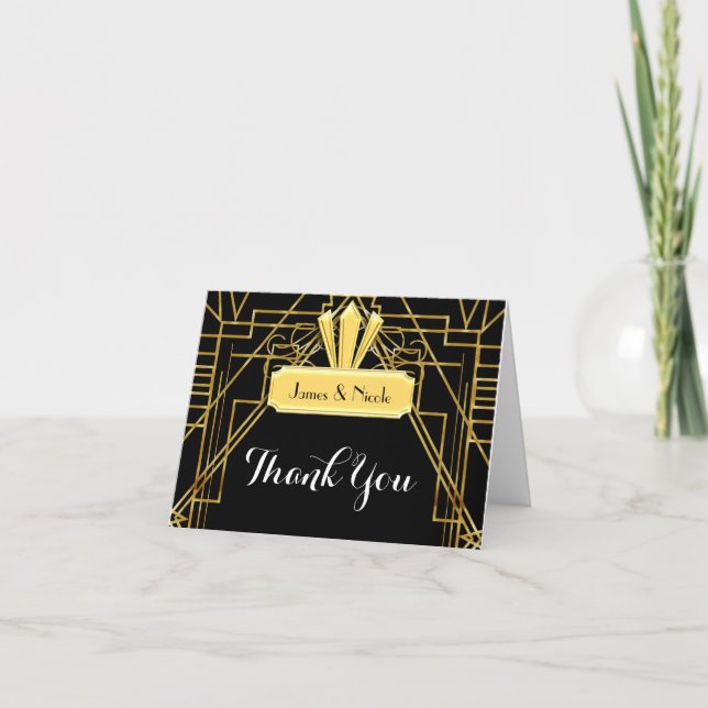 Noir d'art déco et carte élégante de pli de Merci (Devant)