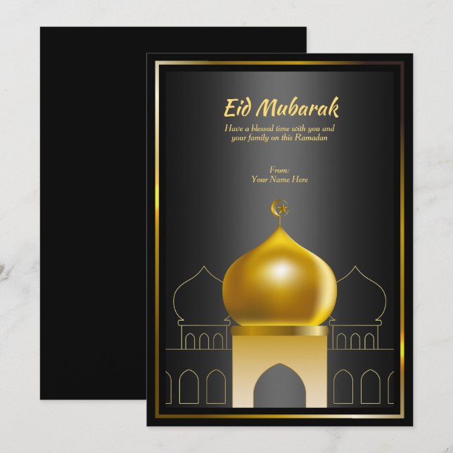 Noir élégant | Carte de voeux Gold Dome Ramadan (Devant / Derrière)