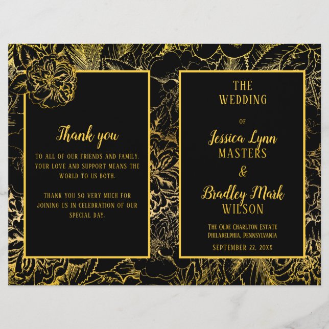 Noir élégant | Gold Rose Floral Wedding Programme (Devant)