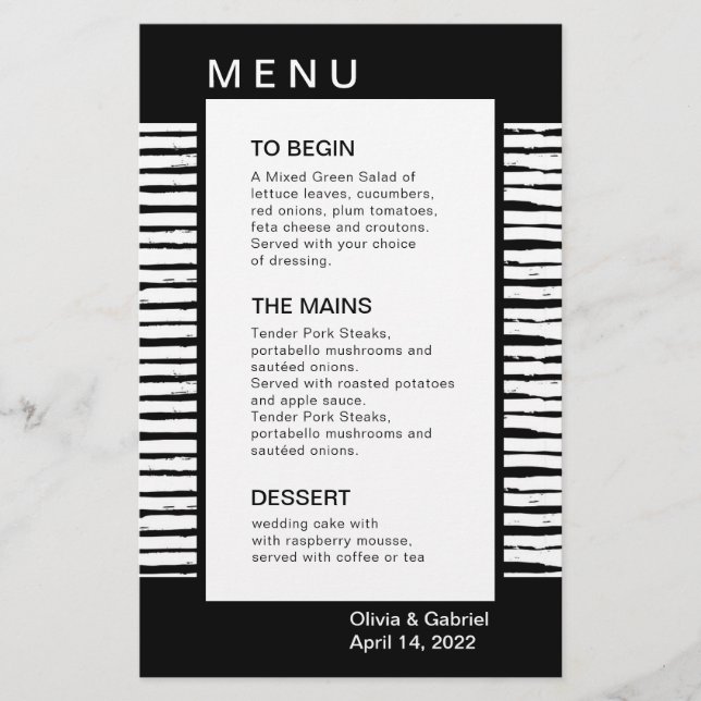Noir élégant rayé. Menu de mariage (Devant)