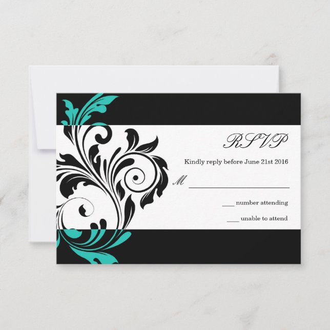 Noir et Aqua Floral Swirl Wedding RSVP (Devant)