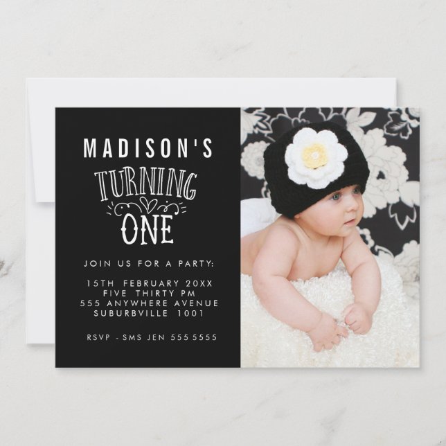 Noir et blanc 1er anniversaire Carte photo personn (Devant)