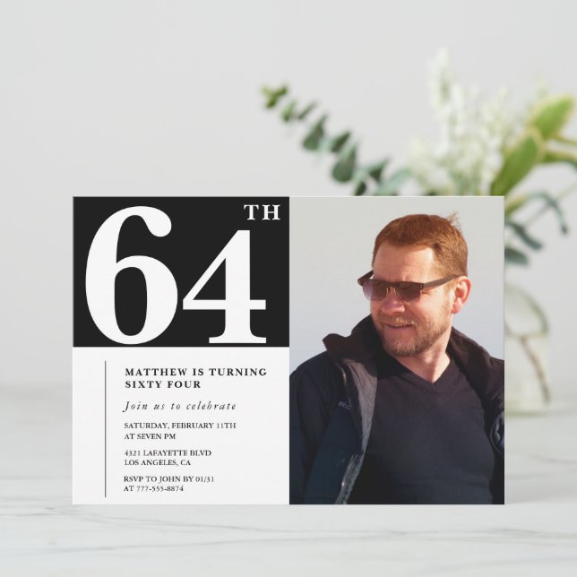 Noir et blanc 64e anniversaire Invitations Photo (Debout devant)