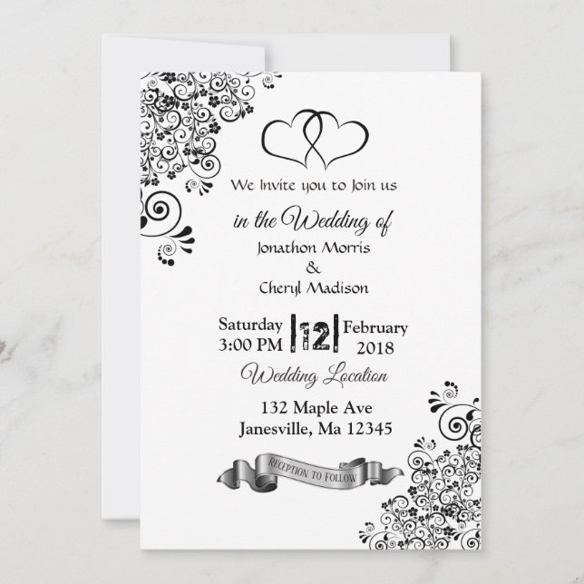 Noir et Blanc Coeurs simples Invitations de mariag (Devant)