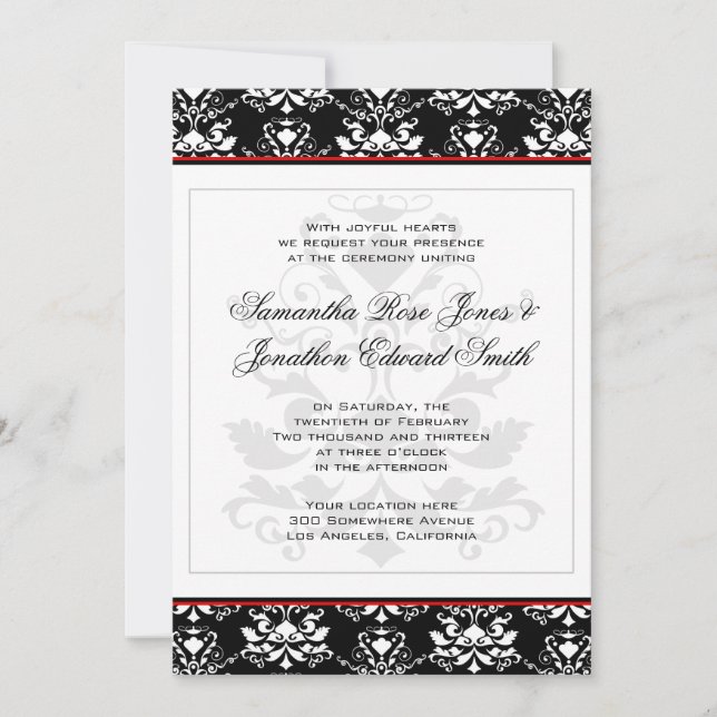 Noir et blanc Damas Faire-part de mariage rouge Ac (Devant)