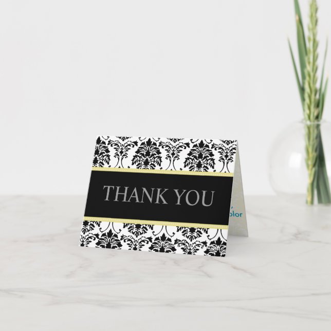 Noir et Blanc Damask Merci Cartes de notes (Devant)