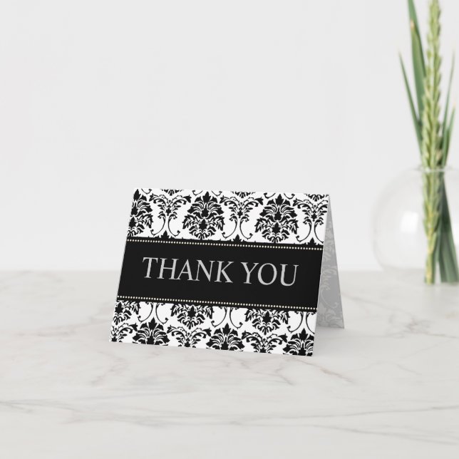Noir et Blanc Damask Merci Cartes de notes (Devant)