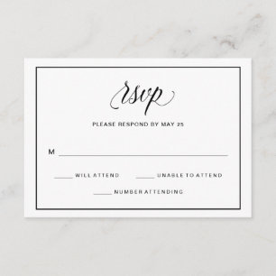 Noir et blanc Fancy Script Wedding RSVP Photo