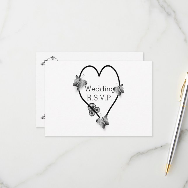 Noir et Blanc Papillon Coeur Mariage RSVP (Devant/Arrière en situation)