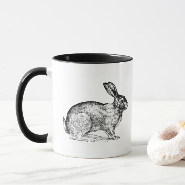 Noir et blanc Vintage lapin lapin Mug de café lapi (Avec donut)