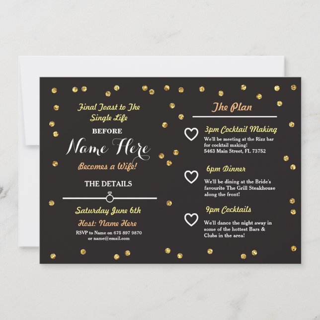 Noir et invitation itinéraire de Bachelorette de (Devant)