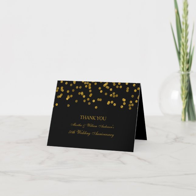 Noir et or Confetti Anniversaire Carte de remercie (Devant)
