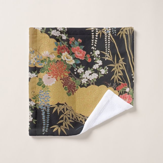 Noir et or Japonais Kimono Floral Luxe (Gant de toilette)
