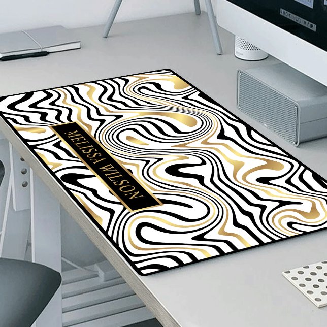 Noir et or Marbre Agate Nom du Motif Abstrait (Stylish black and gold agate design desk mat with space for your name)