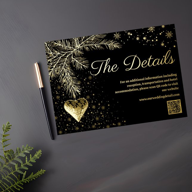 Noir et Or Mariage hiver Code QR Carte de détails (Créateur téléchargé)