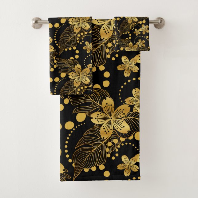 Noir et or ropique feuilles & fleurs motif Sh (En situation)