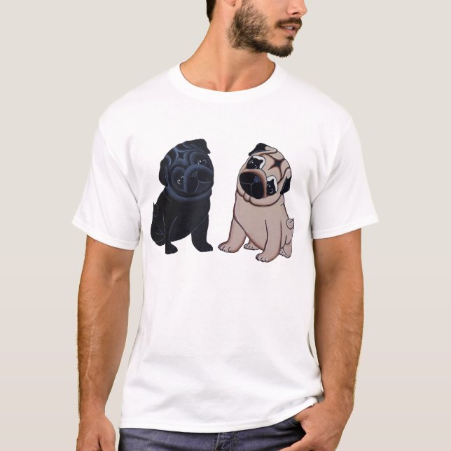 Noir et T-shirt de chiots de carlin de faon (Devant)
