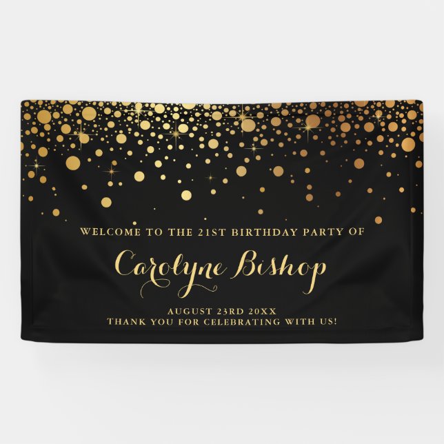 Noir | Faux Gold Confetti Bannière de fête d'anniv (Horizontal)