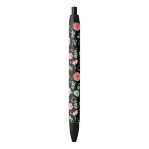 Noir Fleur   Monogramme personnalisé   Stylo