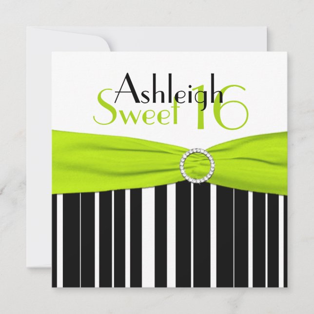 Noir, Lime, Blanc Sweet 16 Invitation FAUX Bling (Devant)