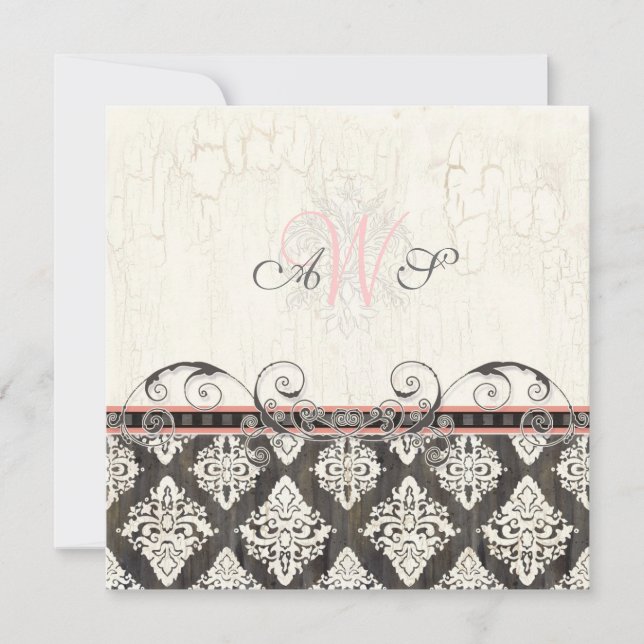 Noir 'n blanc Damask (rose) Faire-part de mariage (Devant)