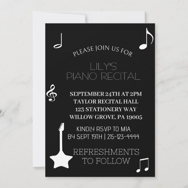 Noir note musicale Piano Considérant Invitation (Devant)