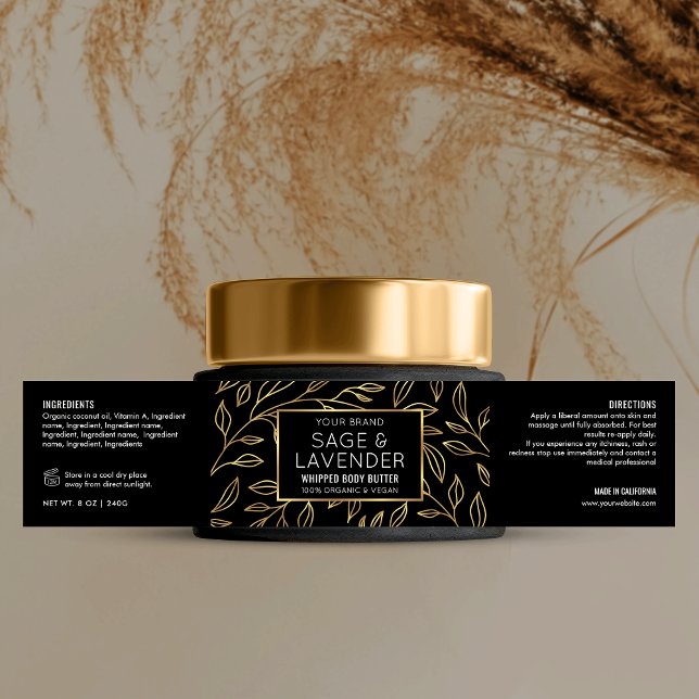 Noir & Or Floral Cosmetic Jar Wraparound Étiquette (Elegant black and gold floral cosmetic jar wraparound label design with faux gold effects)