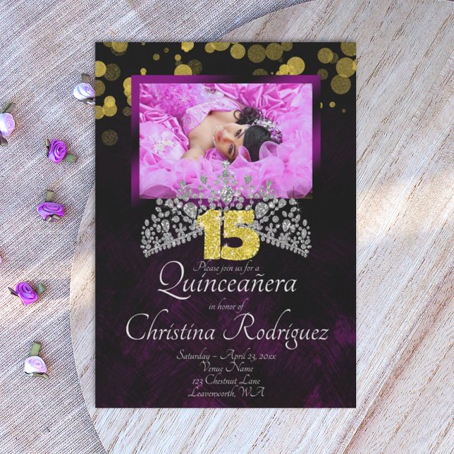 Noir, Or, Violet Quinceanera Tiara Invitation (royal purple, gold, silver quinceanera invitations)