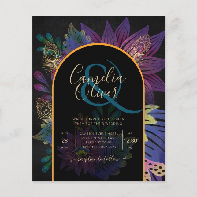 Noir Peacock Jewel Tones Floral Wedding Flyer (Front)