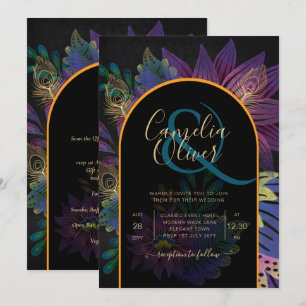 Noir Peacock Jewel Tones Floral Wedding Invitation