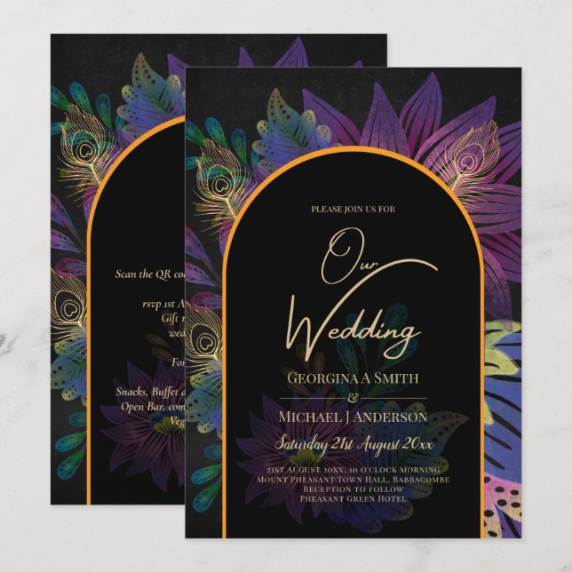 Noir Peacock Jewel Tones Floral Wedding Invitation (Front/Back)