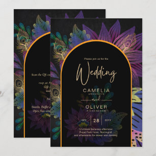 Noir Peacock Jewel Tones Floral Wedding Invitation