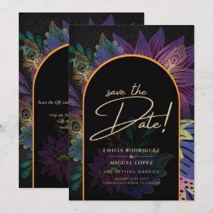 Noir Peacock Jewel Tones Floral Wedding Invitation