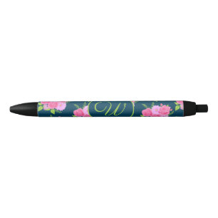 Noir Roses Et Dahlias Stylo Bleu