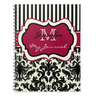 Noir rouge ivoire rayé Damask Journal Notebook