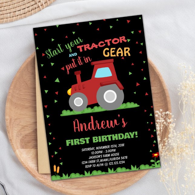 NOIR ROUGE Vert Grass Tracteur Invitations Anniver (BLACK RED Green Grass Tractor Birthday Invitations)