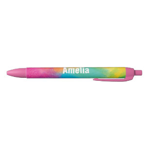 Noir Stylo personnalisé avec nom sur arc-en-ciel rose