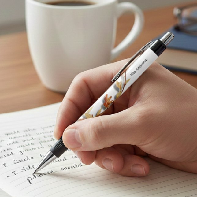 Noir Stylo personnalisé élégant avec nom floral (Créateur téléchargé)